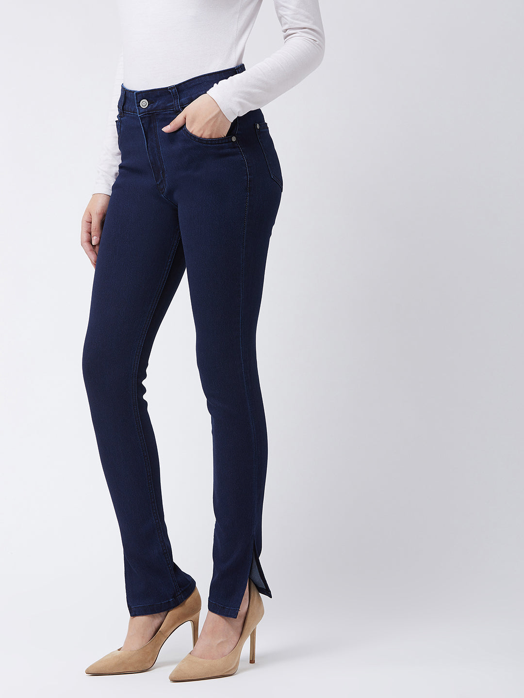 Women's Navy Blue Skinny Fit Mid Rise Cropped Length Side Slit Denim Stretchable Jeans