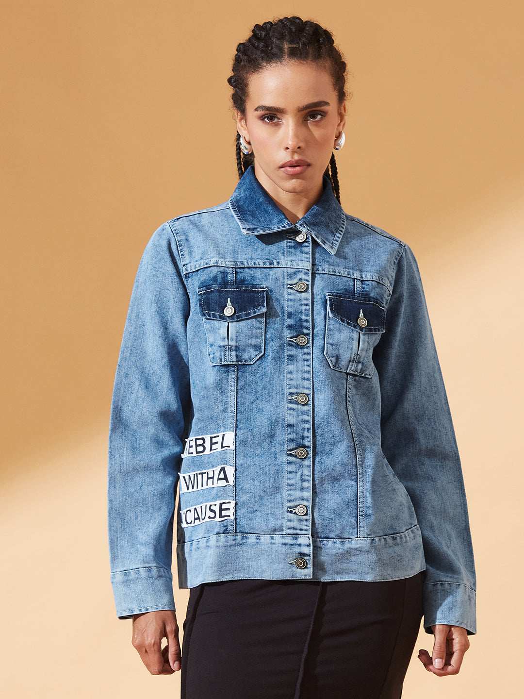 Light-Blue Polo Neck Solid Full Sleeve Bomber Jacket for Women