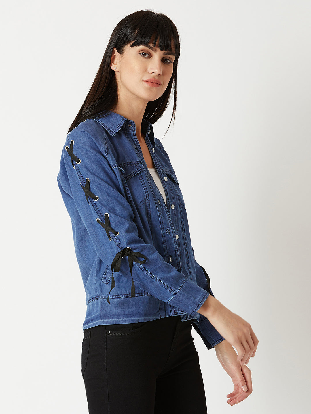 Women's Blue Polo Neck Full Sleeve Buttoned Eyelet And Twill Tape Detailing Solid Bomber Denim Jacket