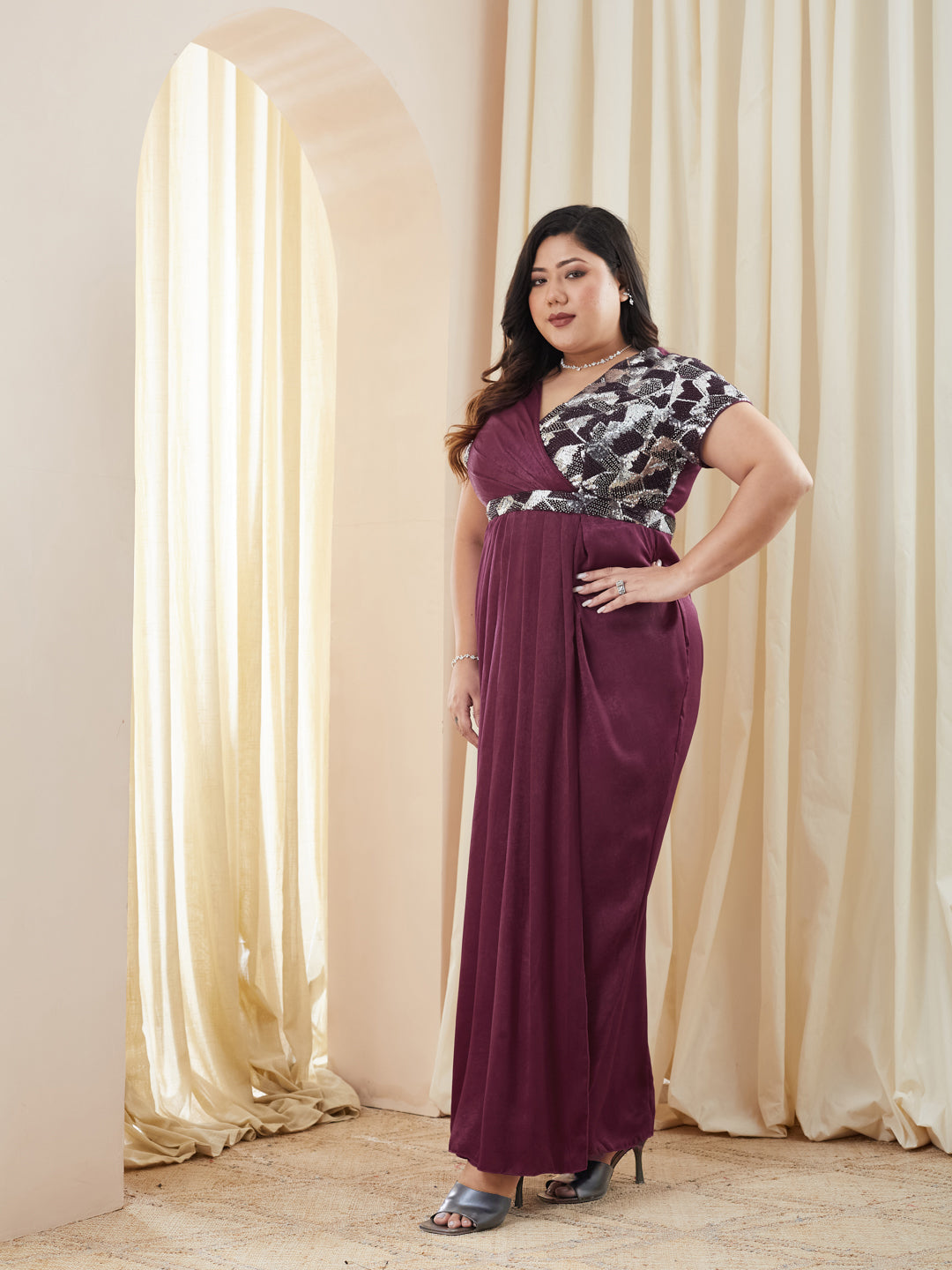 Wine V-Neck Gown in Embellished Pleated Lustrous Satin for Women