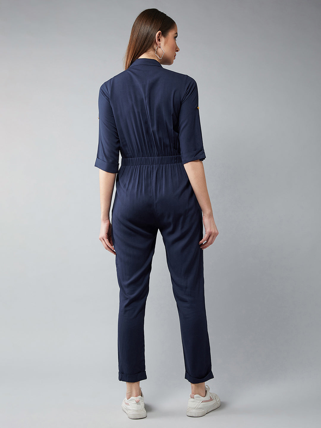 Women's Navy Blue Collared 3/4 Sleeves Solid Straight Leg Regular Length Tie-Up Jumpsuit