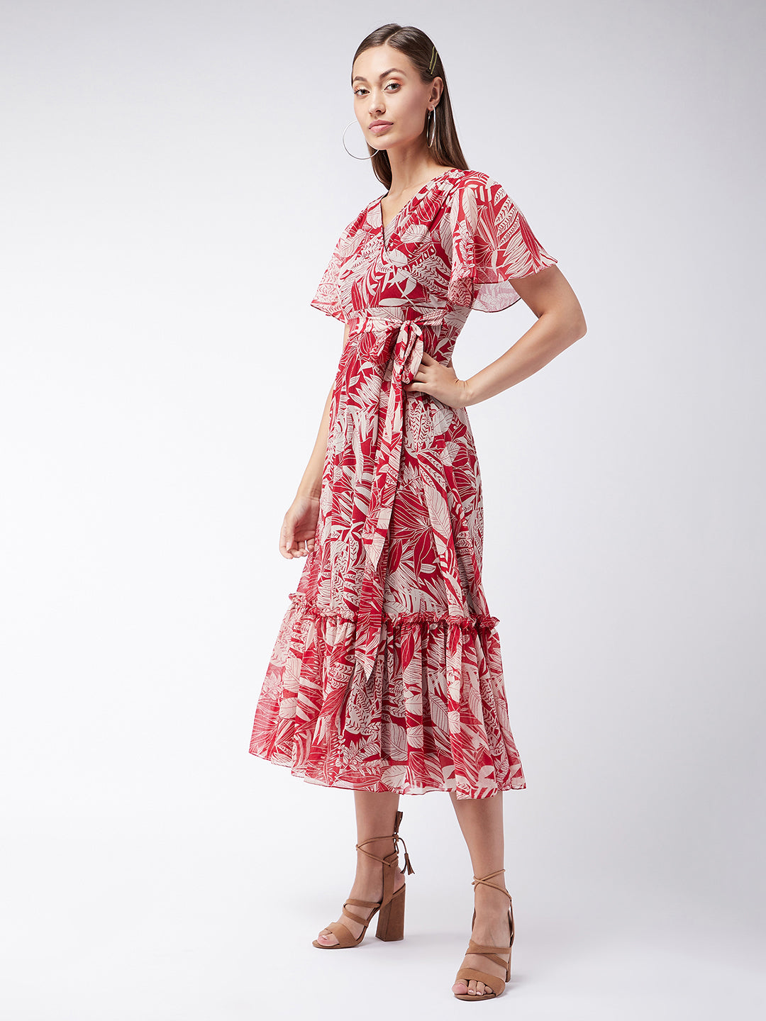 Maroon Floral Printed Flutter Sleeves Maxi Dress for Women