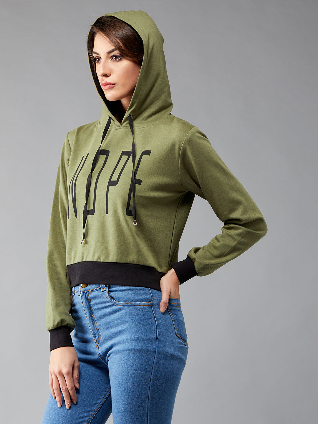 Women's Olive Green Round Neck Full Sleeves Cotton Solid Printed Boxy Regular Length Hooded Sweatshirt