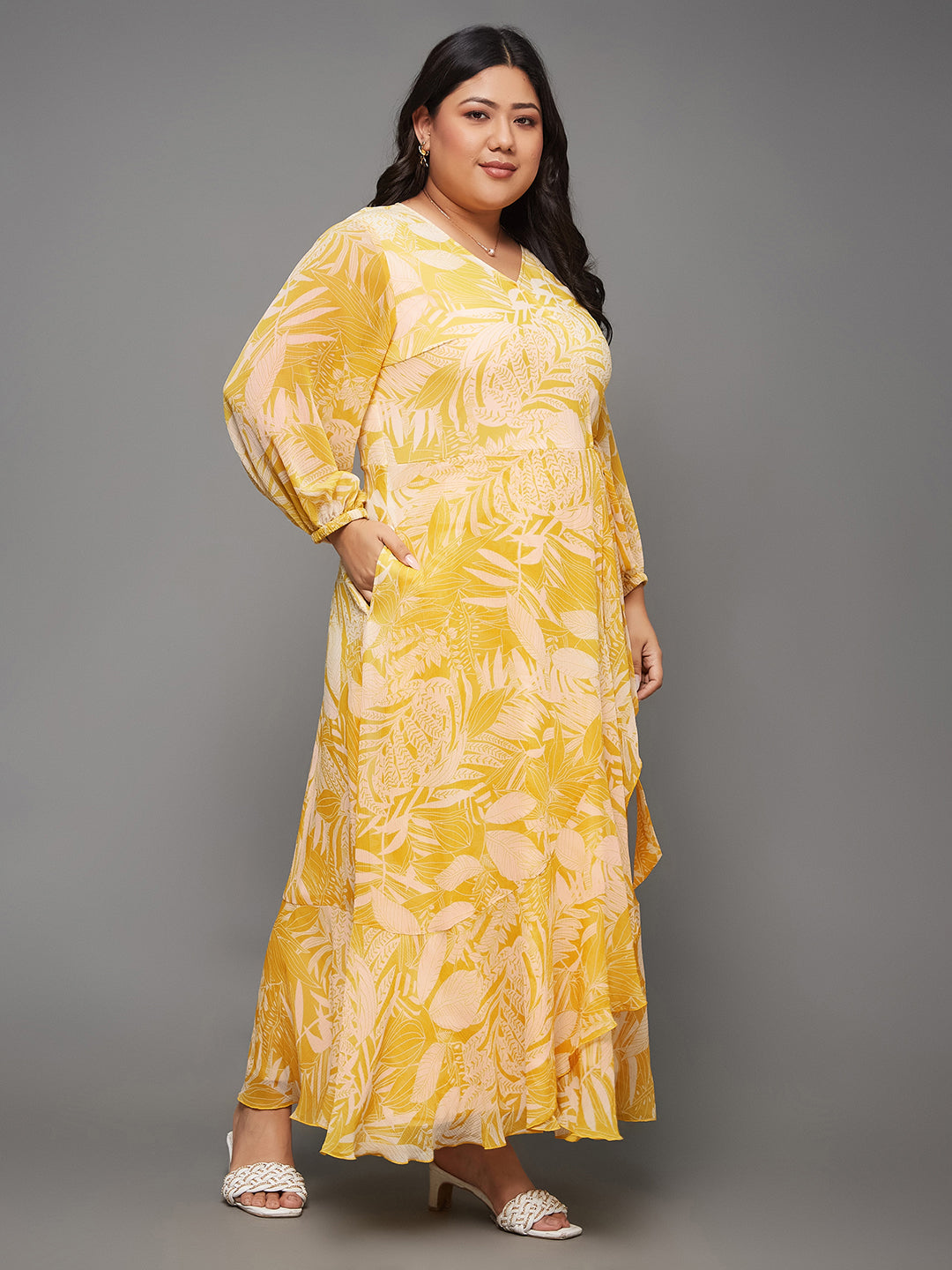 Women's Yellow & White V neck Full sleeve Floral Layered Maxi Dress