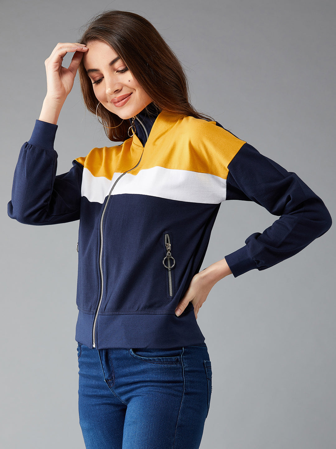 Women's Multicoloured-Base-Navy Blue Turtle-neck Full sleeved Solid Color-Block Regular length Jacket