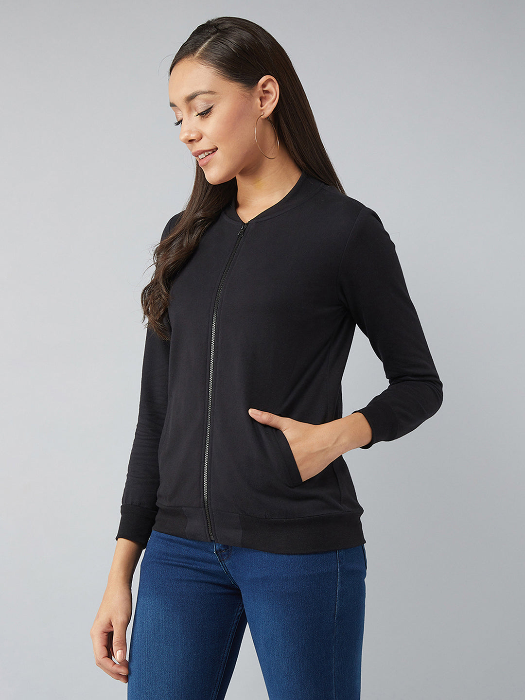 Women's Black V-Neck Full Sleeves Cotton Solid Bomber Jacket