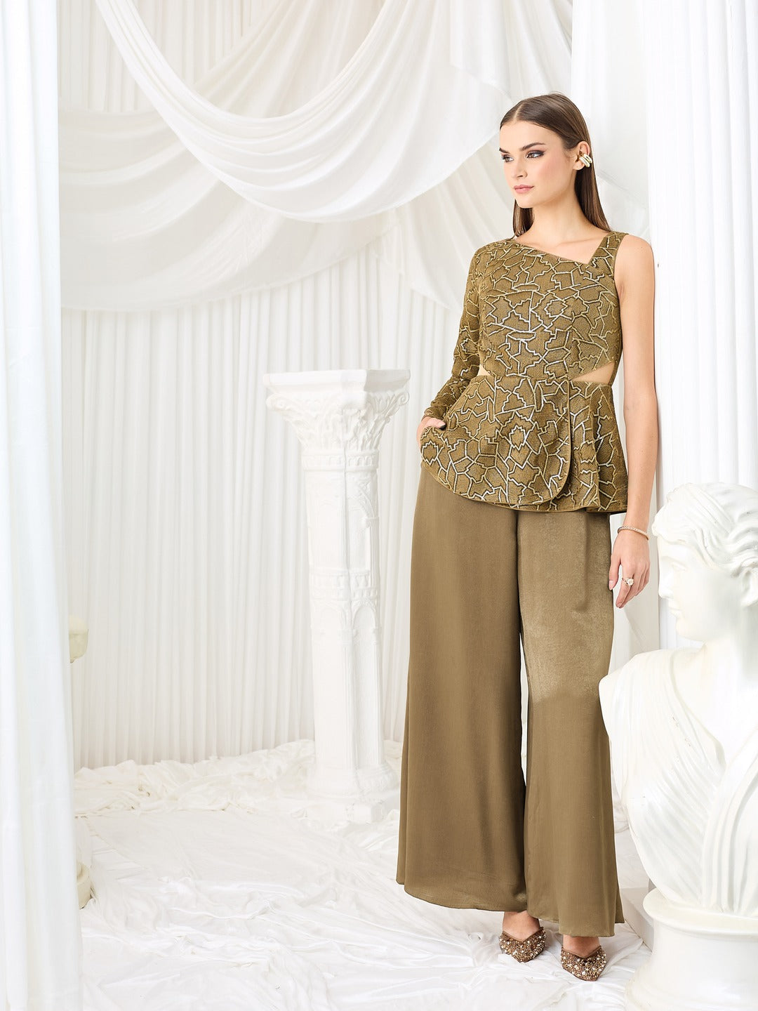 Dark Beige Asymmetric Geometric Peplum Regular Satin Jumpsuit for Women