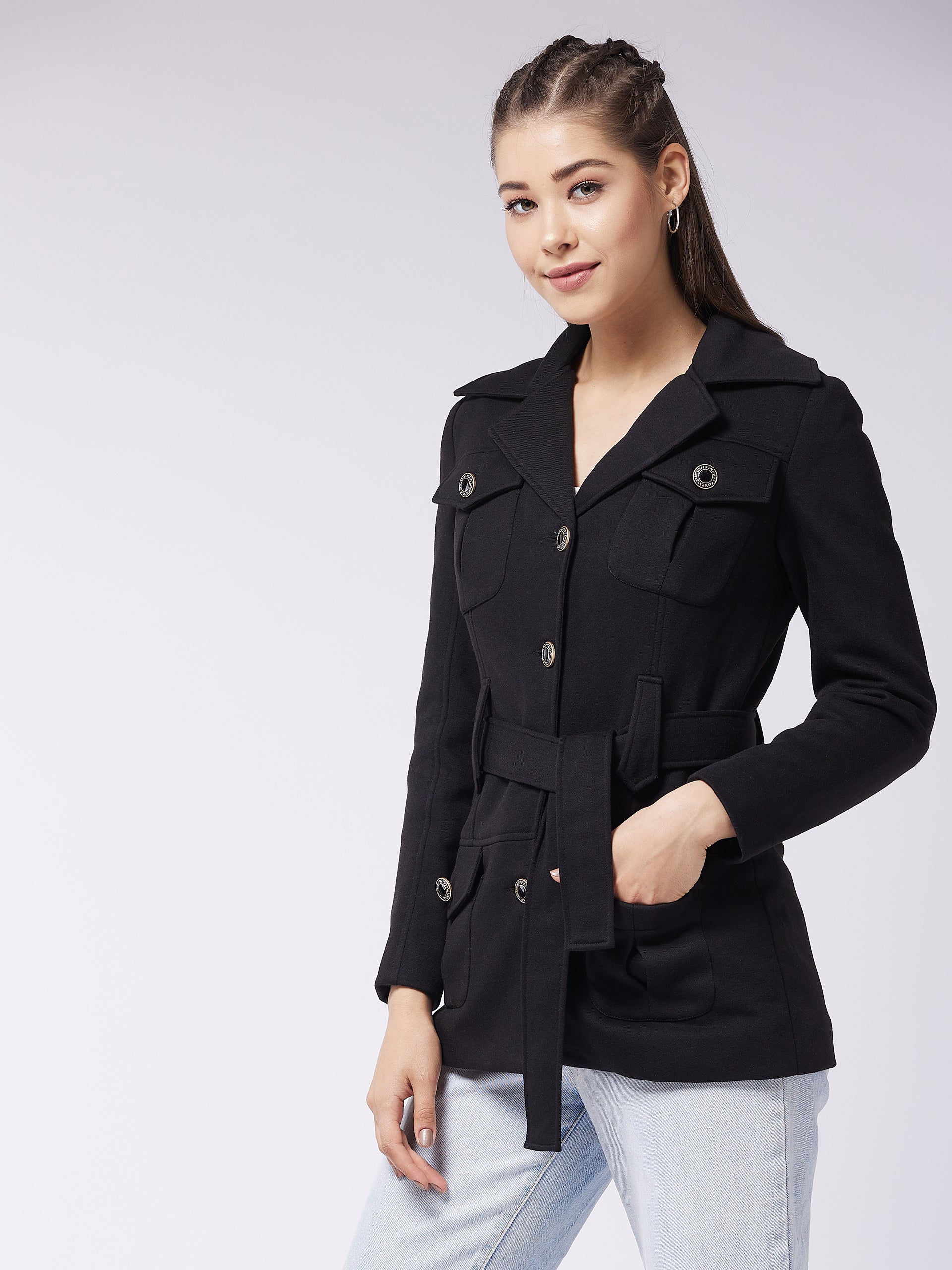 Women's Black Notch Collar Full Sleeve Solid Safari Longline Jacket