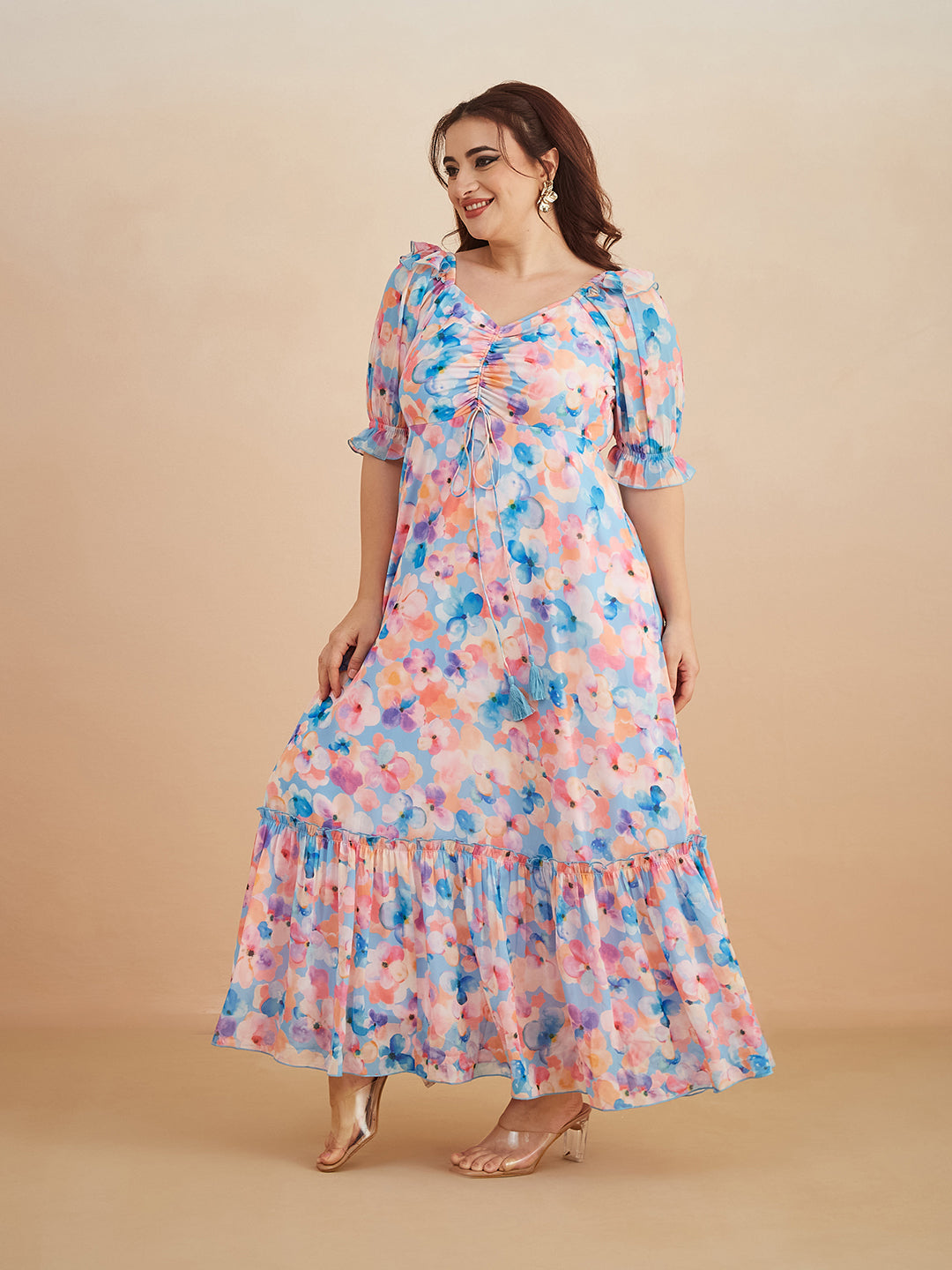 Multicolored-Base-Sky Blue V-Neck Puff Sleeve Floral Ruching Ankle-Length Dress for Women