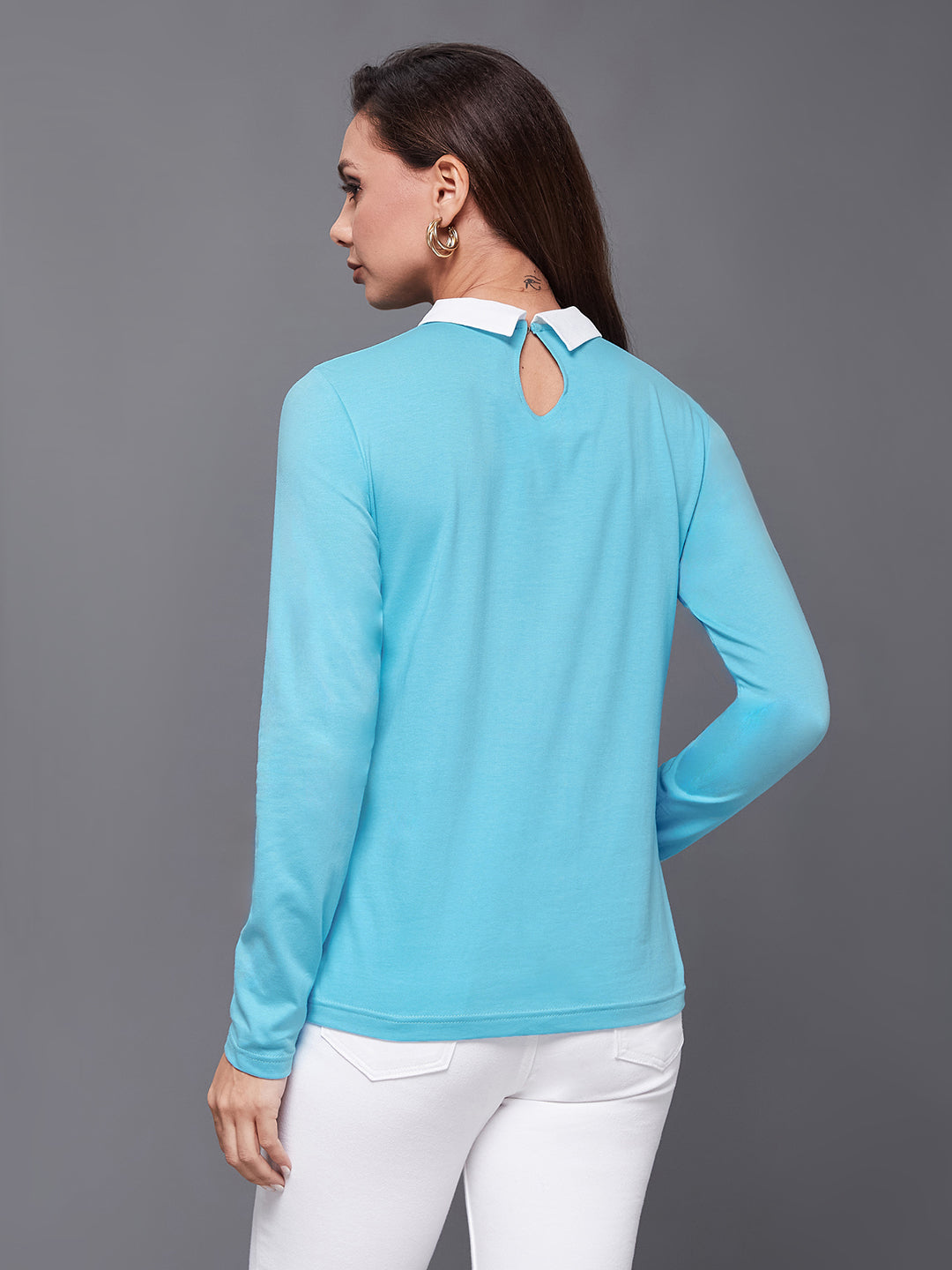 Women's Sky Blue Shirt Collar Full Sleeve Solid Basic Regular-Length Cotton Top