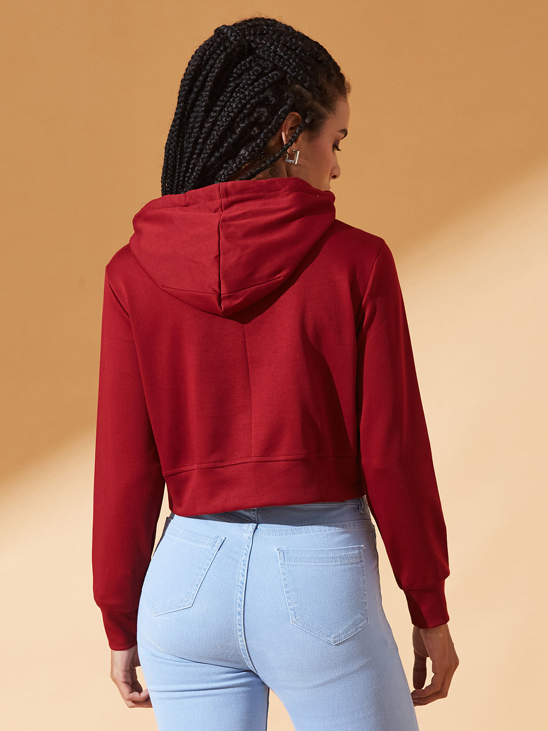 Maroon Solid Round Neck Full Sleeve Hooded Boxy Crop Sweatshirt for Women