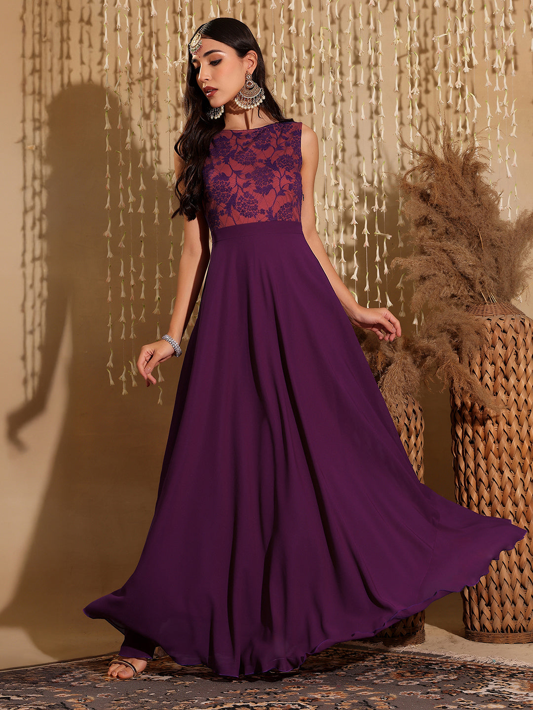 Women's Dark Purple Round Neck Sleeveless Georgette & Lace Floral Fit & Flare Maxi Dress