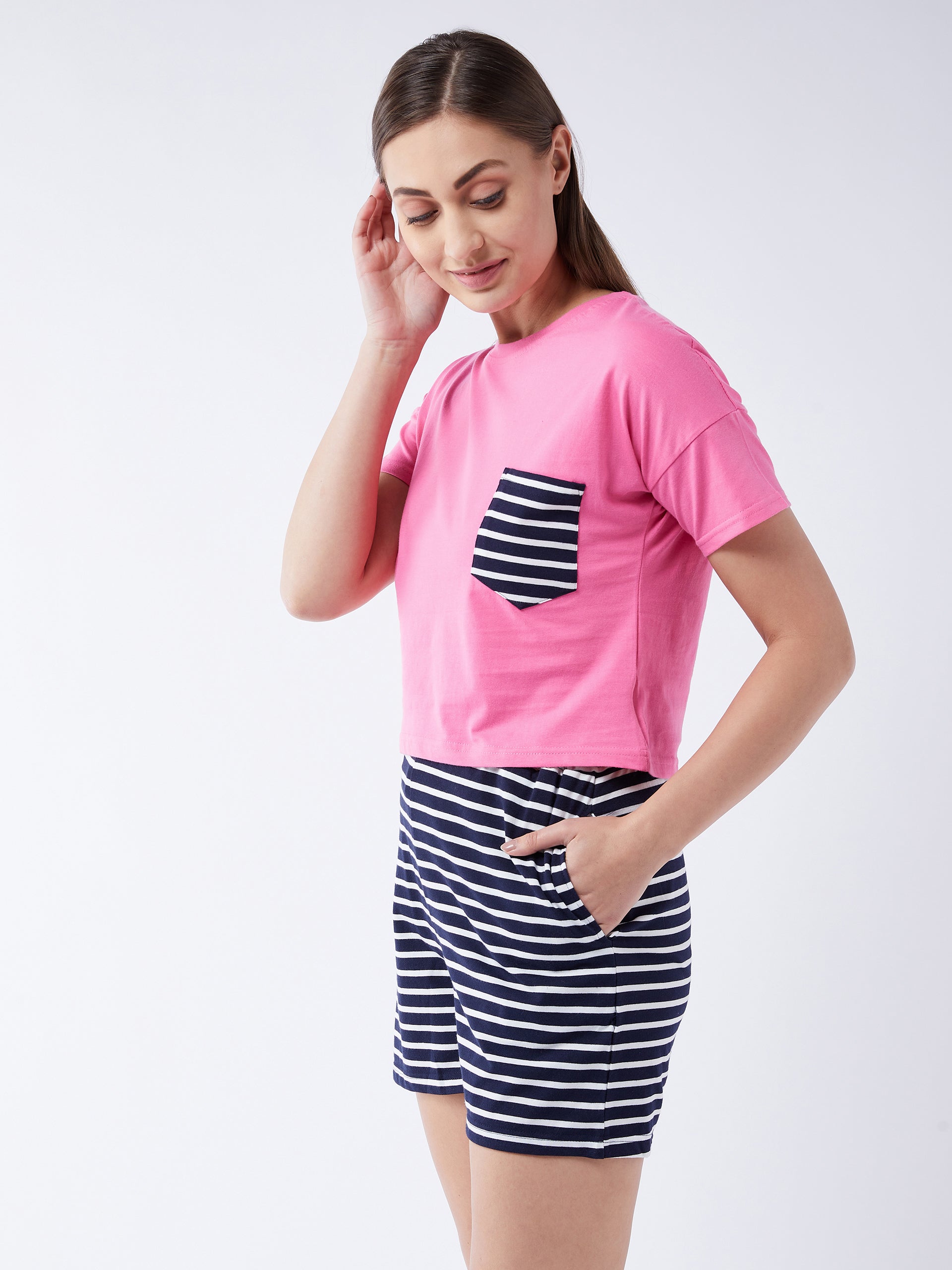 Women's Pink and white Round Neck Striped Short Sleeves Regular Length Top and Shorts Set