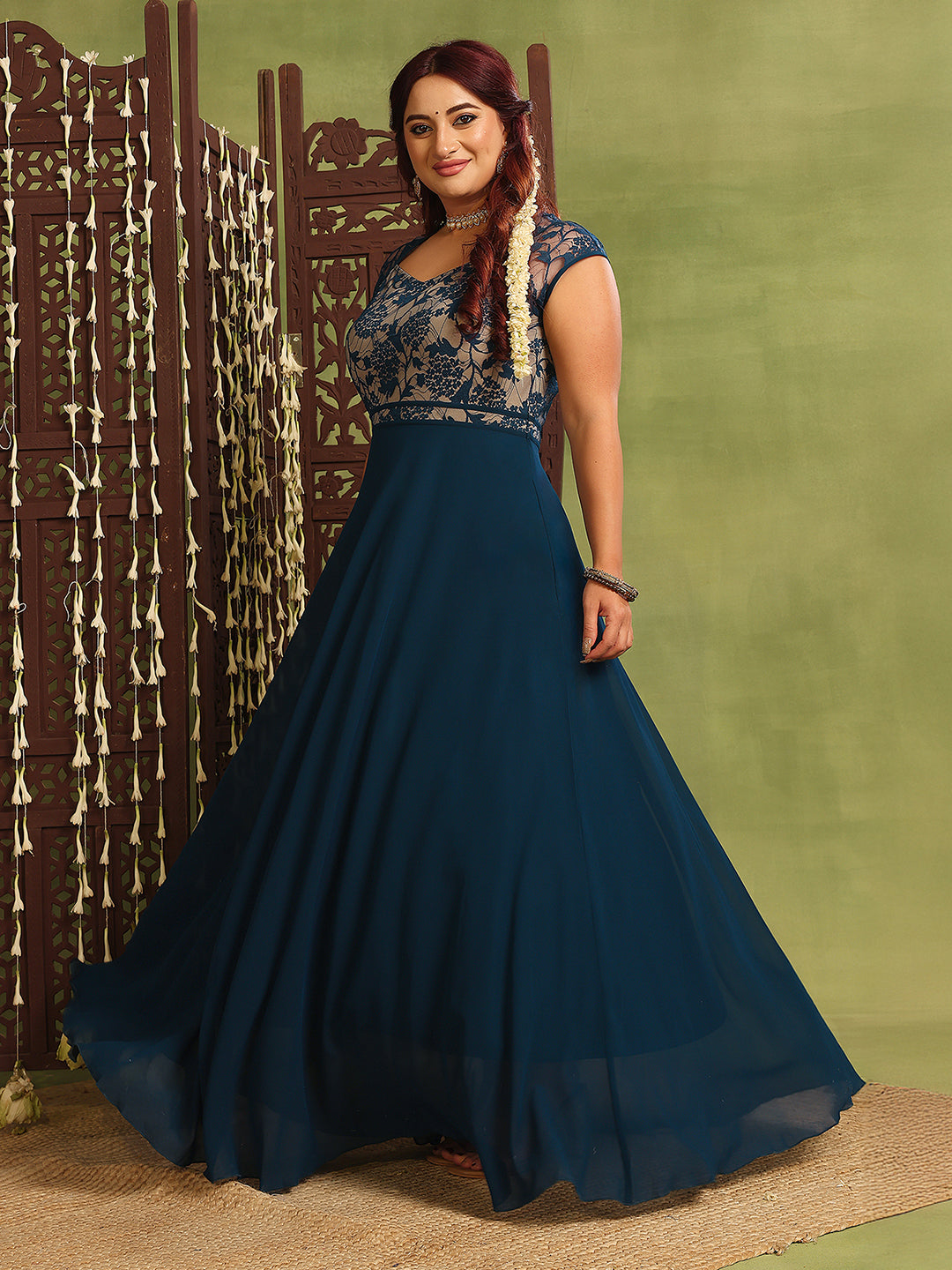 Women's Teal Floral V-Neck Cap-Sleeves Lace-Overlaid Fit & Flare Paneled Maxi Dress