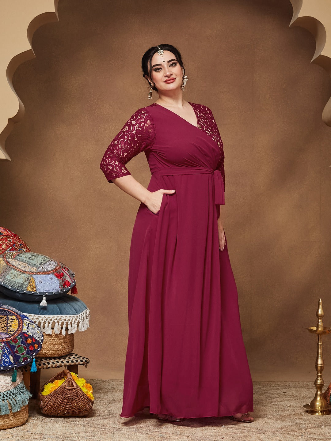 Dark Pink Colored V-Neck Three-Quarter Sleeve Self-Designed Wrap Maxi Georgette Dress for Women — Miss Chase A+