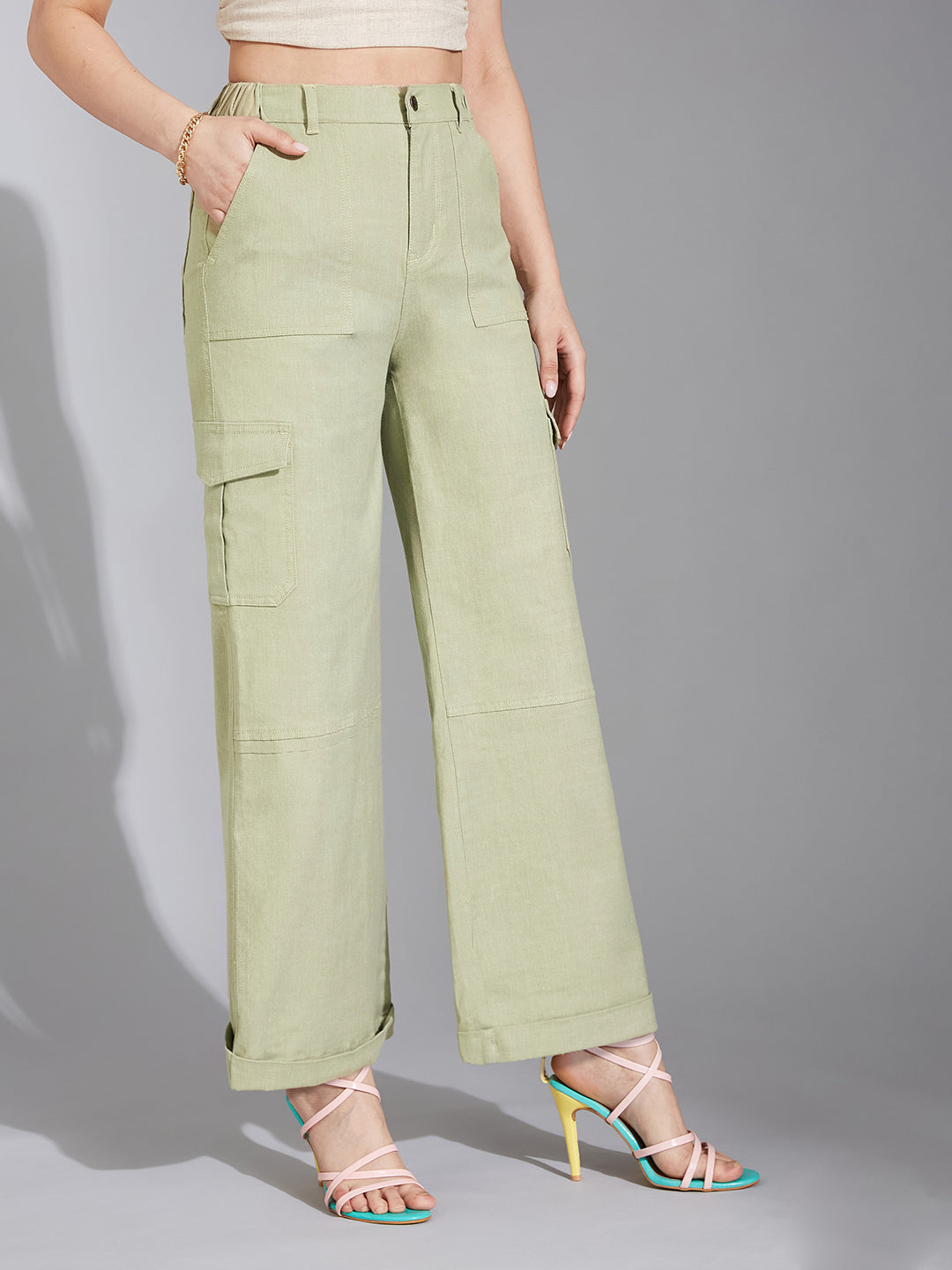 Women's Olive Wide-Leg High-Rise Clean-Look Regular Stretchable Denim Jeans