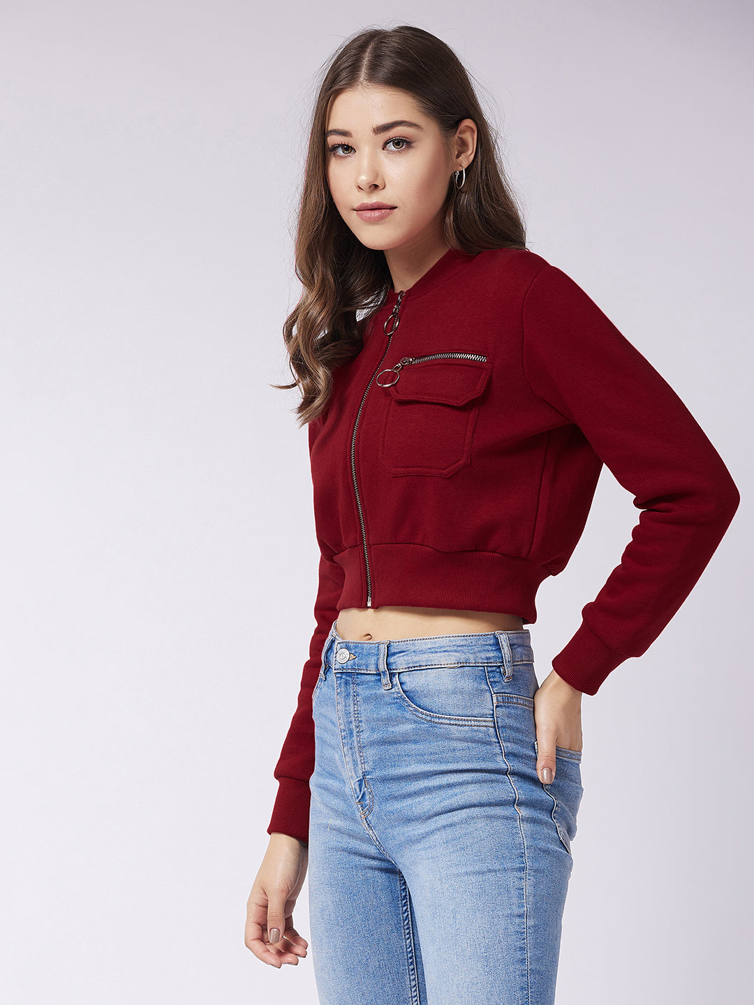 Women's Maroon Stand Collar Full Sleeve Solid Boxy/Bomber Crop Jacket