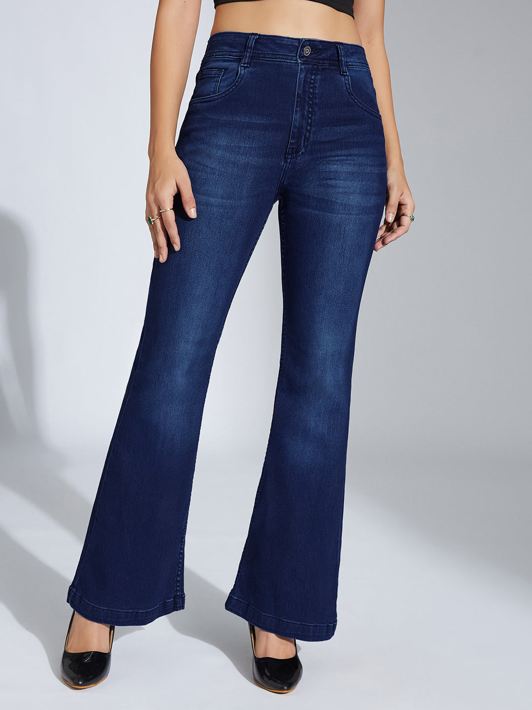 24/7 Comfort Navy-Blue High-Rise Clean-Look Stretchable Bootcut Denim Jeans for Women