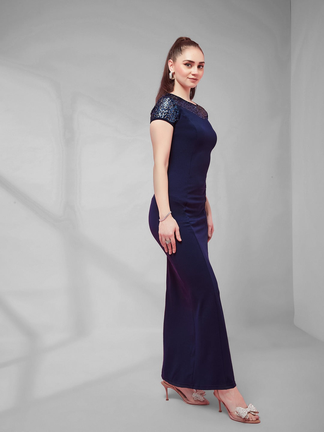 Navy Blue Round Neck Cap Sleeves Sequin Paneled Solid Bodycon Maxi Dress for Women
