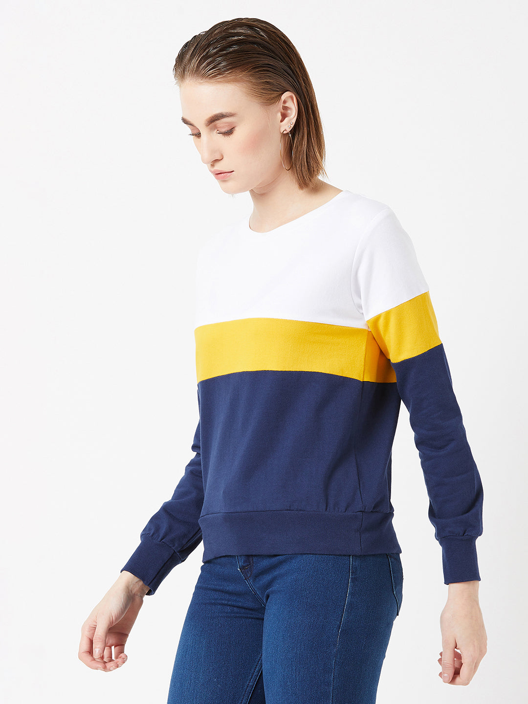 Women's Multicolored With A Navy Blue Base Round Neck Full Sleeves Cotton Solid Color block Paneled Boxy Sweatshirt