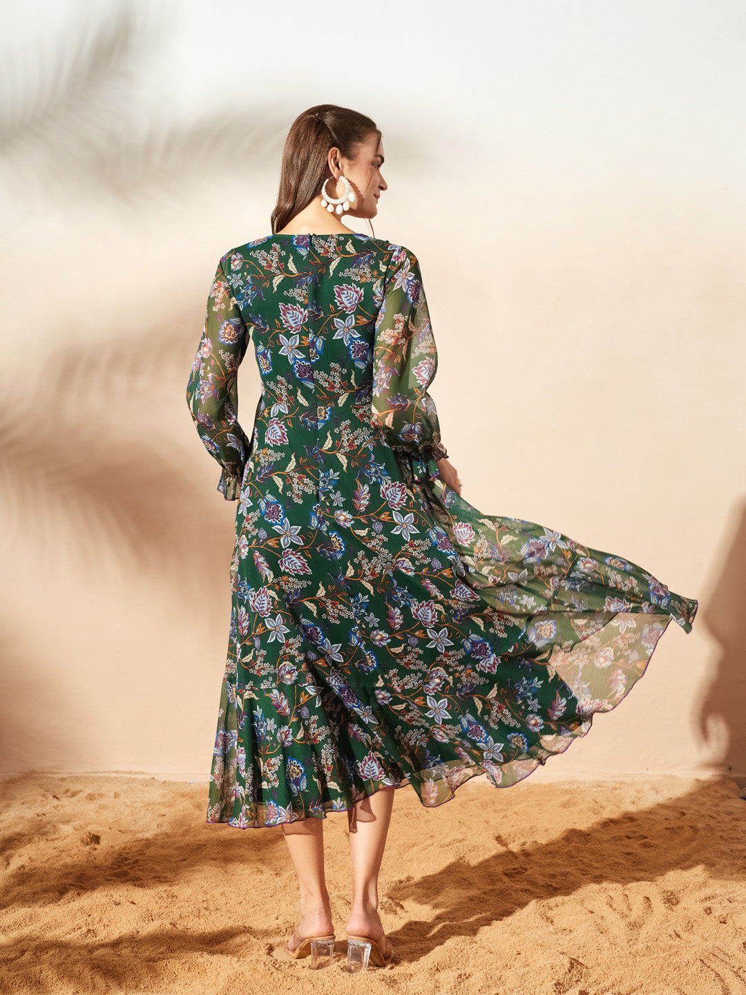 Women’s Multicolored Forest Green Bohemian Ruffled Tie-Up Midi Chiffon Dress for Women