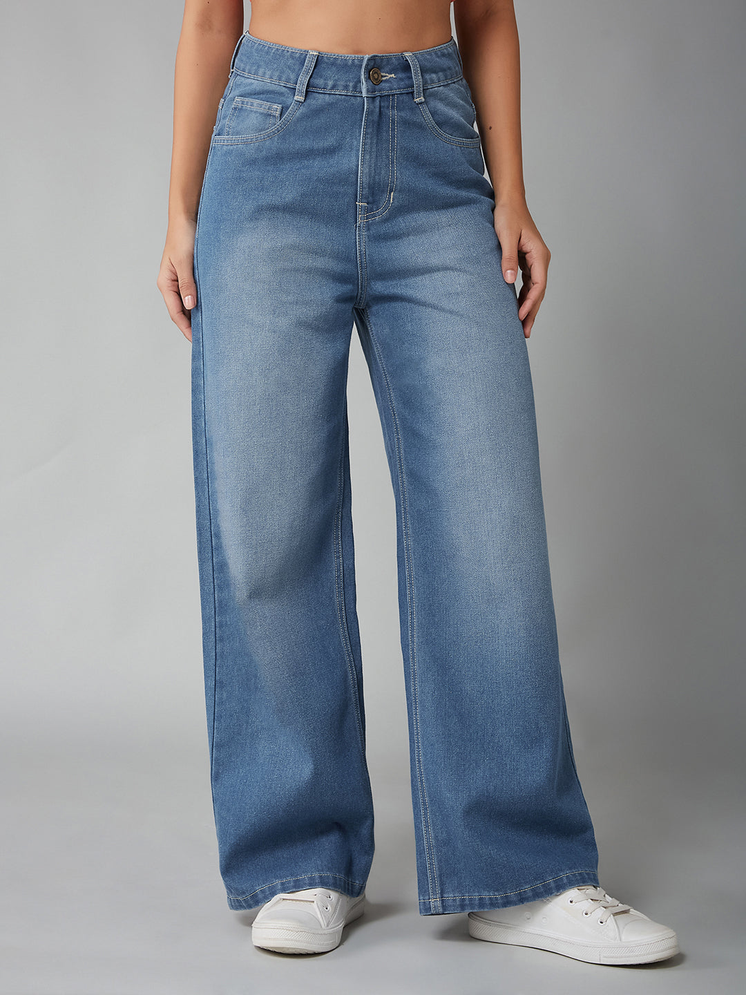 Women's Light Blue Wide-Leg High-Rise Clean-Look Regular-Length Non-stretchable Denim Jeans