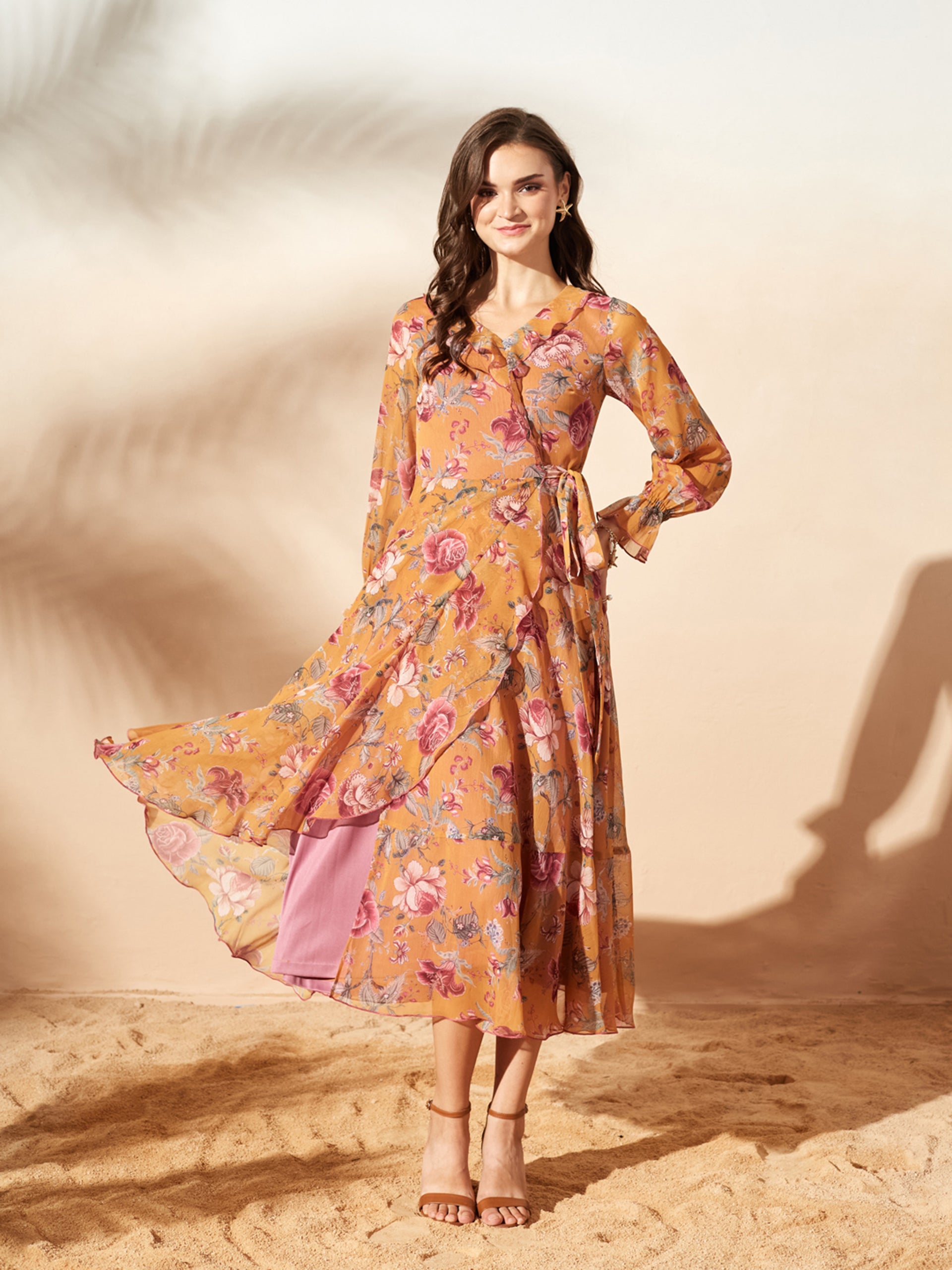 Women’s Multicolored Mustard Bohemian Ruffled Tie-Up Midi Chiffon Dress for Women