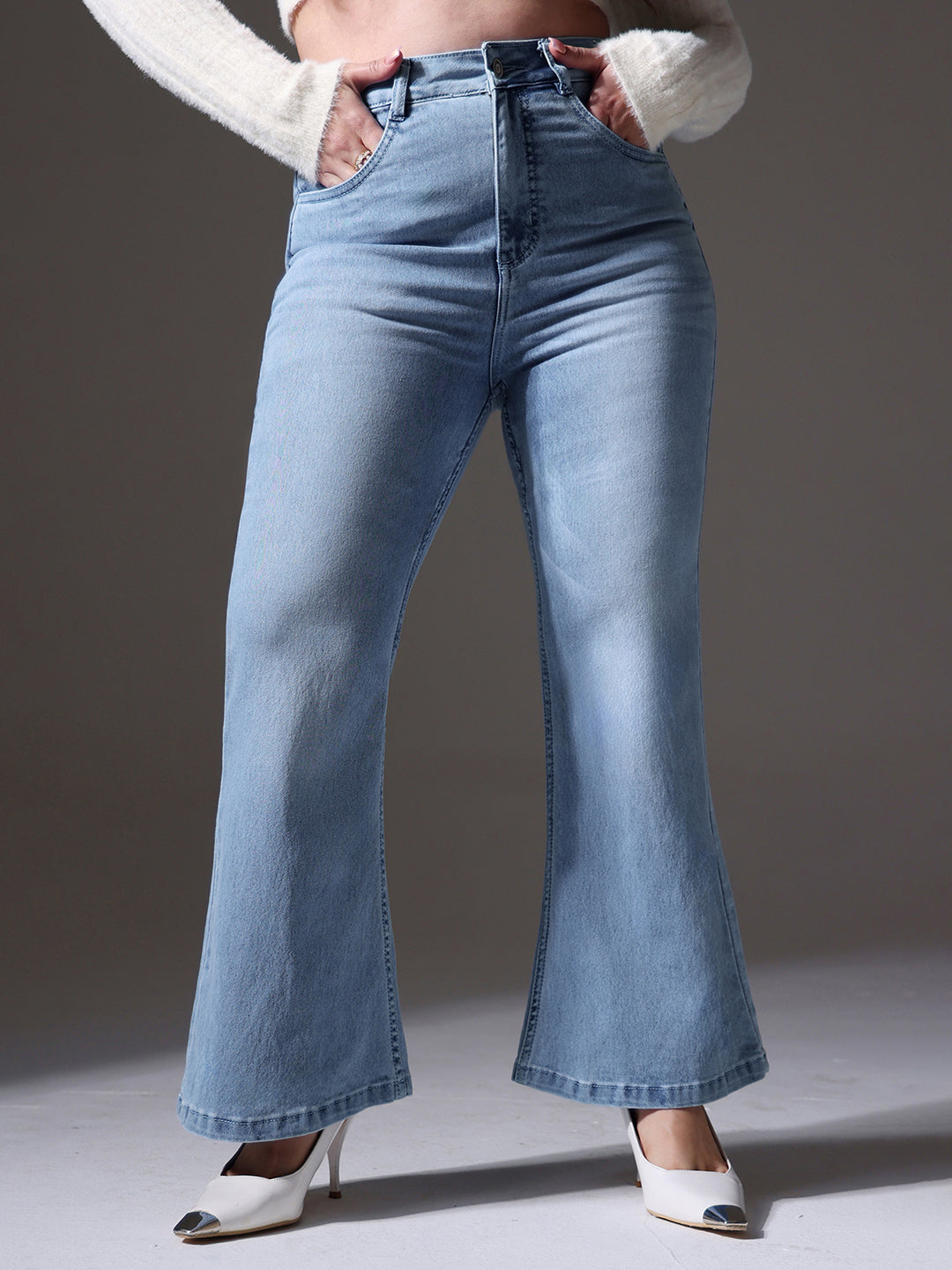 24/7 Comfort Women's Light Blue High Rise Clean Look Regular Stretchable Denim Bootcut Shaping Jeans