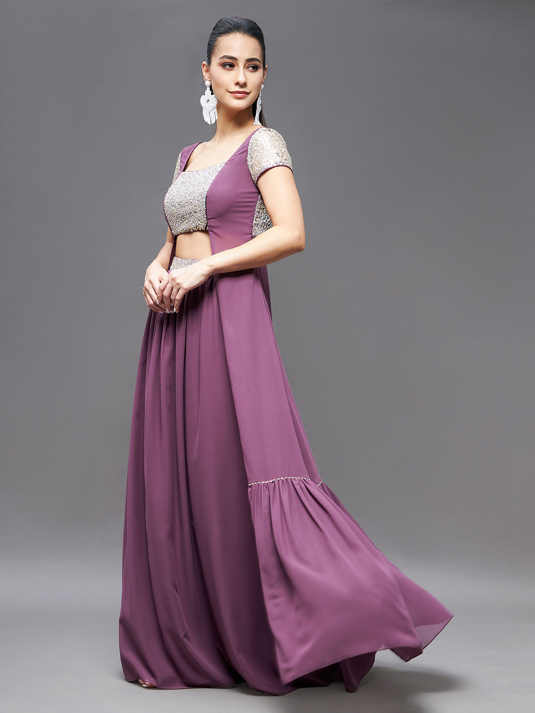 Women's Mauve Embellished Square Neck Short Sleeves Waist Band Pocketed Tiered Maxi Co-Ord Set.