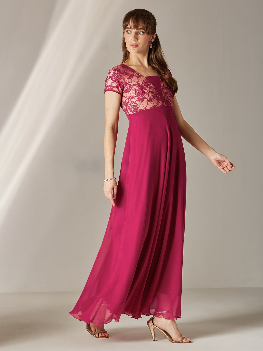Dark Pink Square Neck Raglan Short Sleeve Self Design Lace Overlaid Georgette Maxi Dress for Women