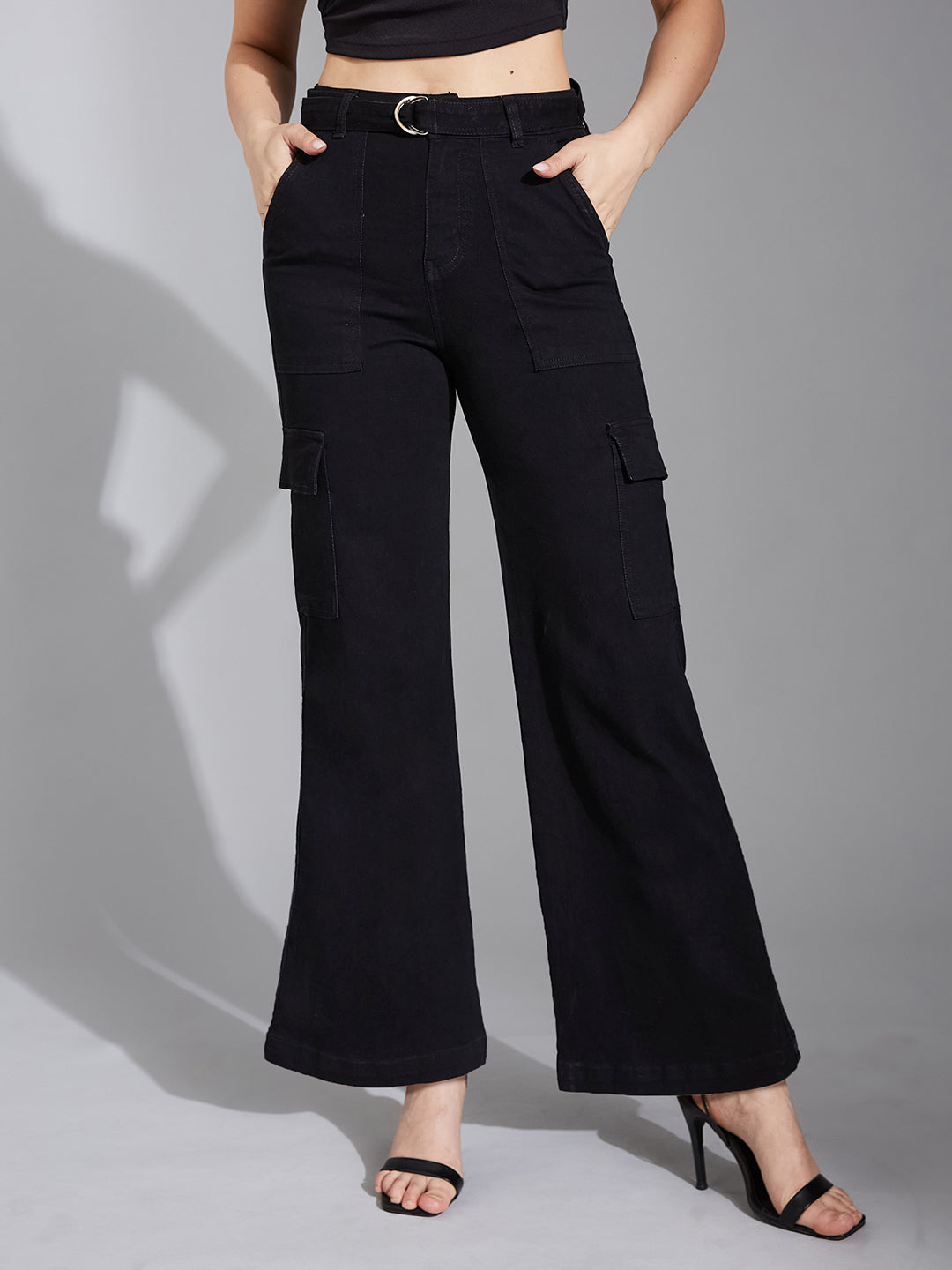Women's Black Wide-Leg High-Rise Clean-Look Regular Stretchable Denim Jeans