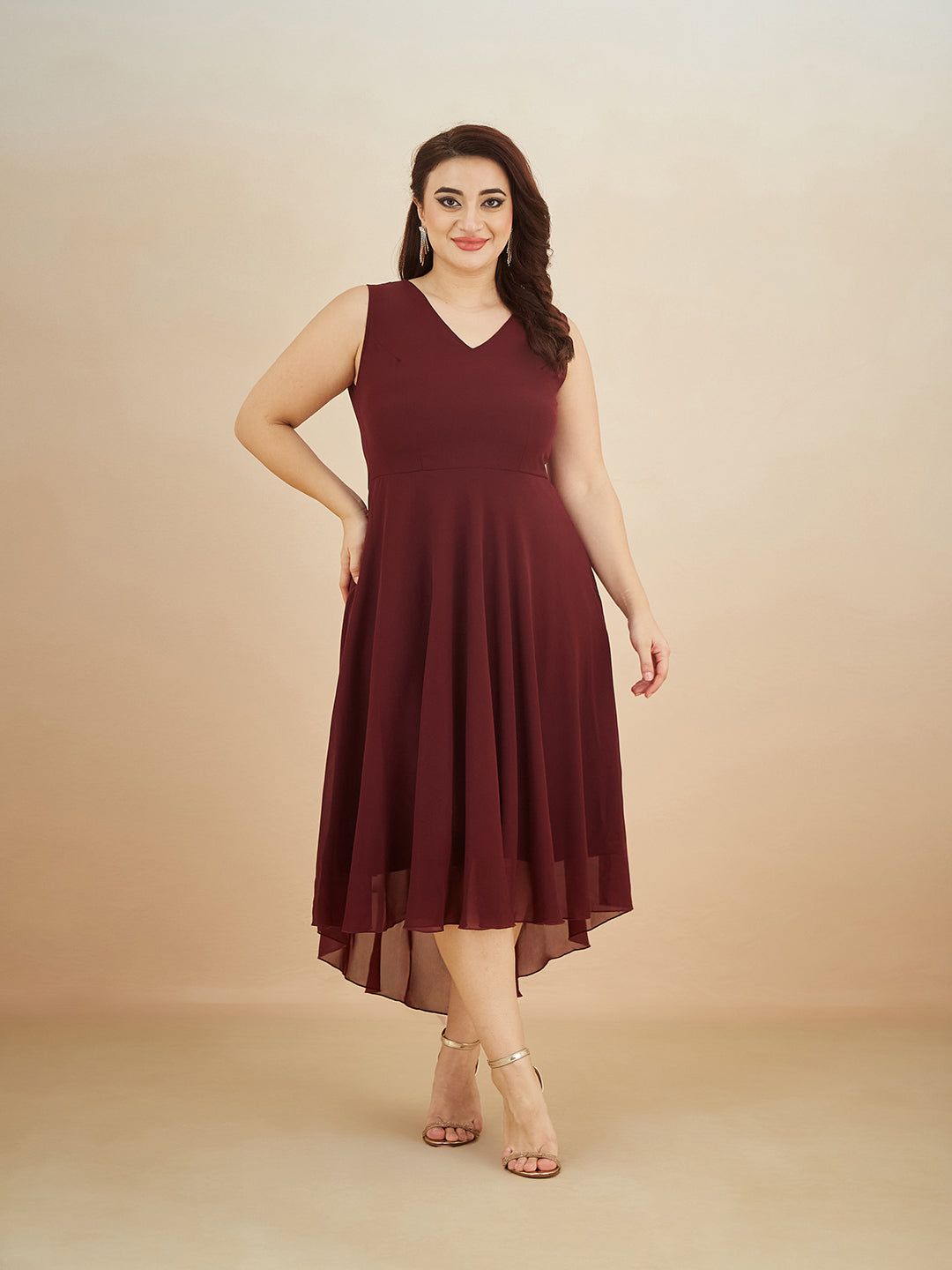Wine Red V-Neck Sleeveless Solid High-Low Midi Skater Dress for Women — Miss Chase A+