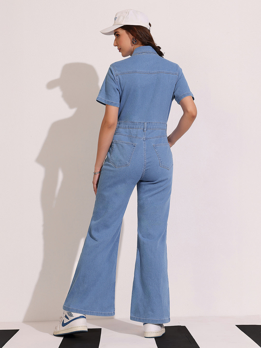 Women's Light Blue Flared High Rise Regular Length Stretchable Denim Jumpsuit