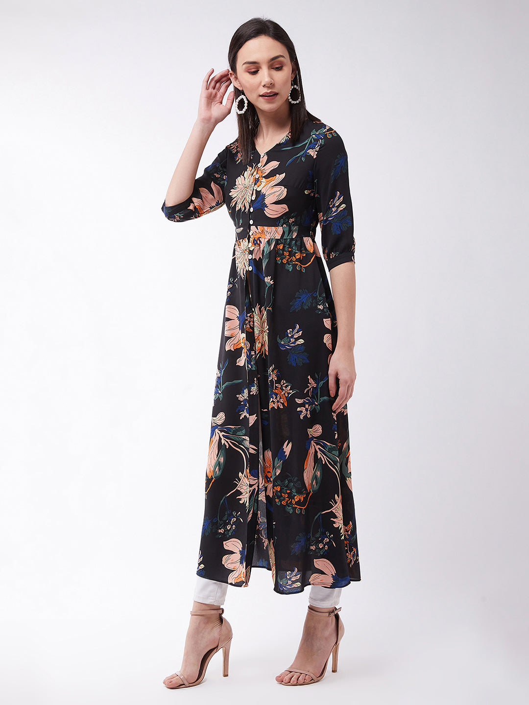 Women's Multicolor Floral Printed Polyester Regular Fit V Neck 3/4 Sleeve Maxi Top