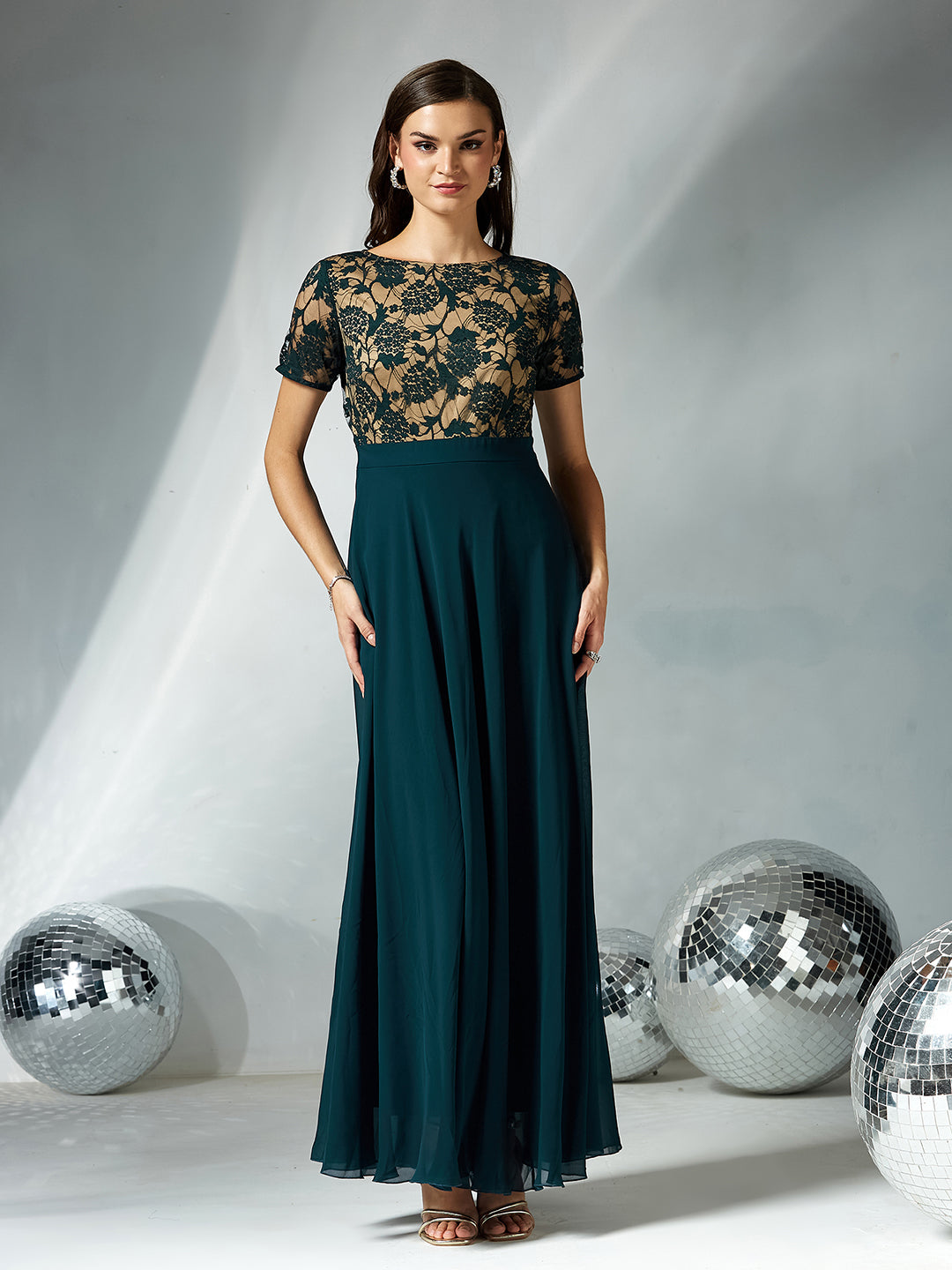 Women's Teal Round Neck Half Sleeve Self Design Fit & Flare Georgette Maxi Dress