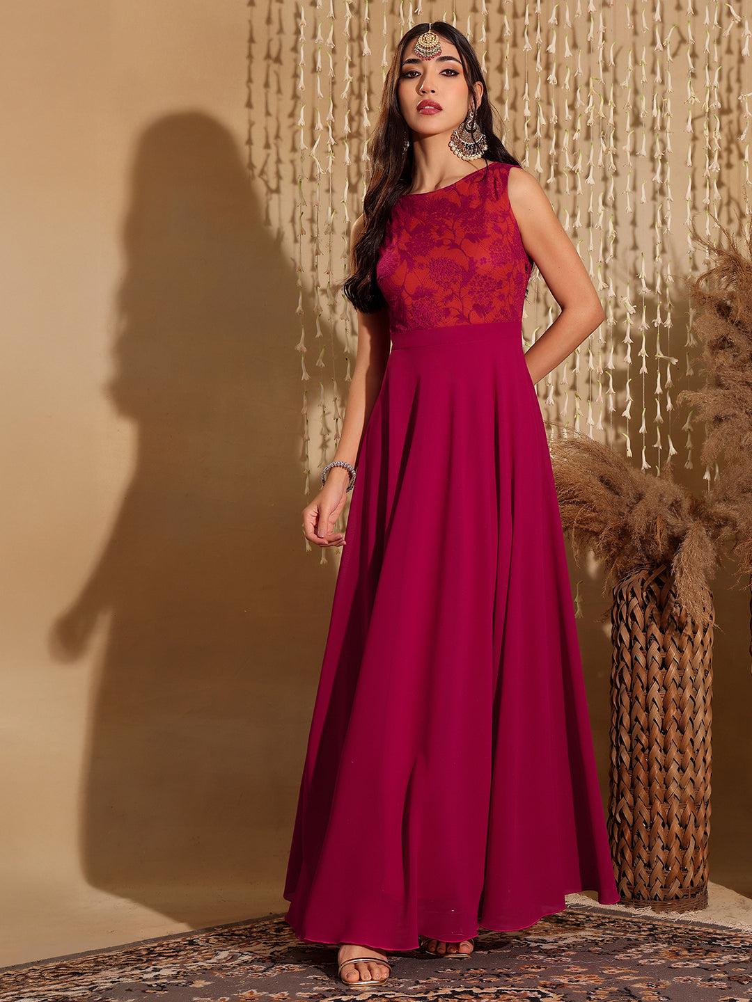 Women's Dark Pink & Rust Boat Neck Sleeveless Self Design Lace Overlaid Regular Dress