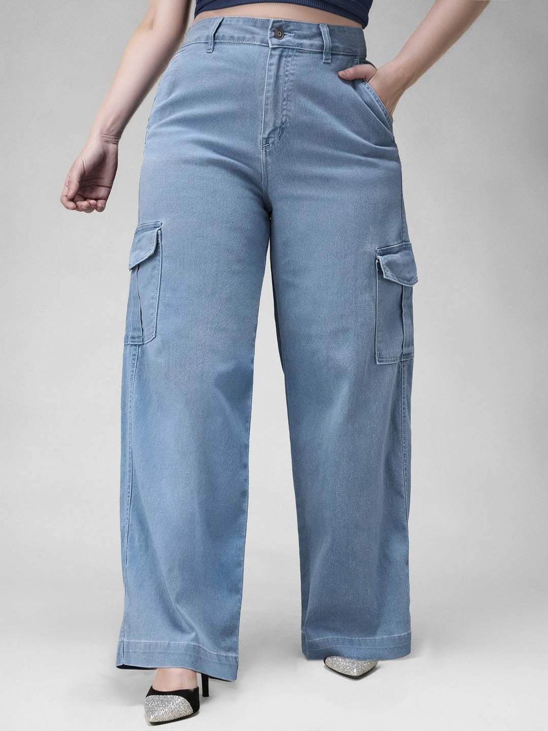 Blue Wide leg High rise Regular Stretchable Denim Jeans for Women