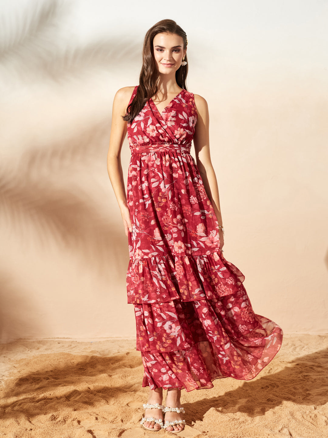 Maroon V-Neck Sleeveless Floral Criss Cross/ Layered/ Ruffled Maxi Chiffon Dress for Women — Miss Chase