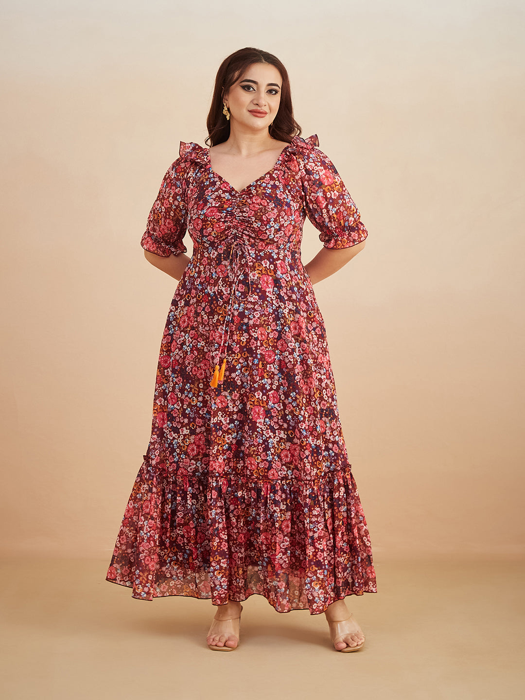 Multicolored-Base-Wine V-Neck Puff Sleeve Floral Ruching Ankle-Length Dress for Women