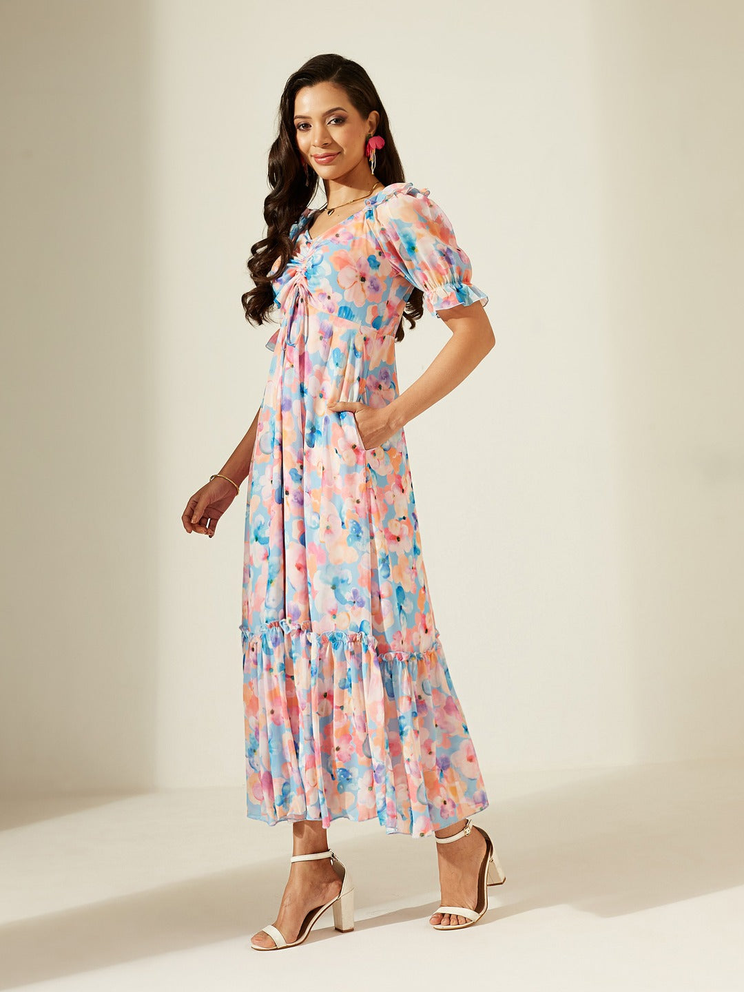 Sky Blue V-Neck Puff Sleeve Floral Ruching Ankle-Length Dress for Women