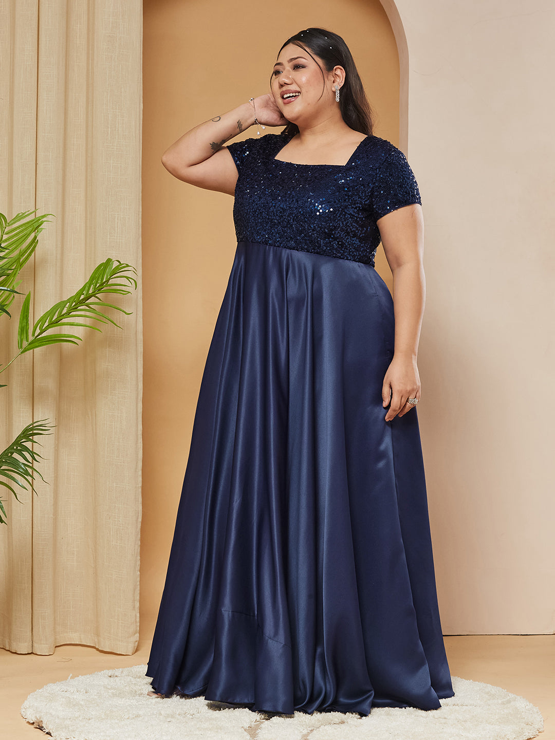 Navy Blue Square-Neck Short-Sleeves Embellished Polyester Fit & Flare Maxi Dress for Women