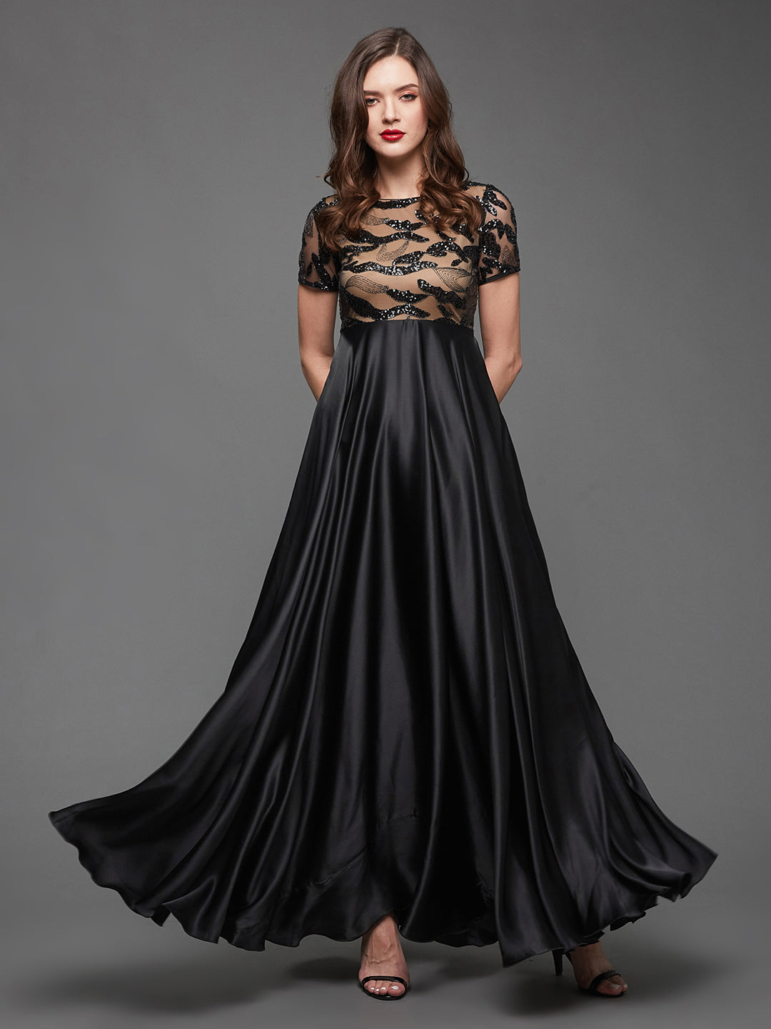 Black Boat-Neck Short-Sleeve Abstract Fit & Flare Satin Maxi Dress for Women