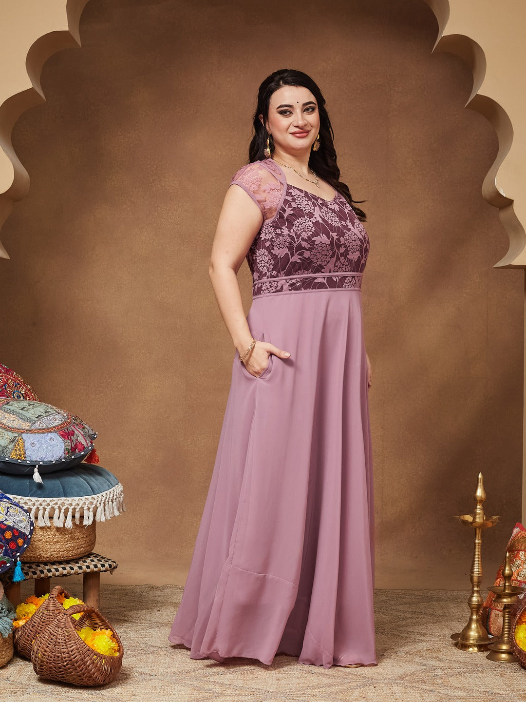 Lavender & Wine V-Neck Cap Sleeves Floral Lace Fit & Flare Maxi Dress for Women