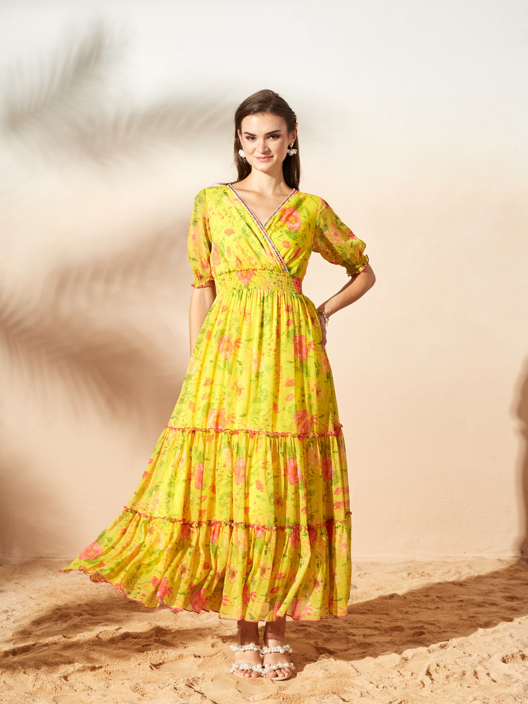 Acid Yellow V-Neck Puff Floral Overlap/ Tiered Maxi Chiffon Ethnic Dress for Women — Miss Chase