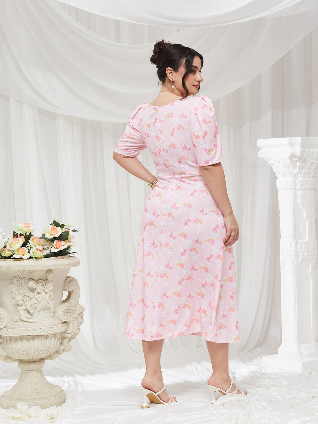 Pink V-neck Puff Sleeve Floral Wrap Midi Dress for Women — Miss Chase A+
