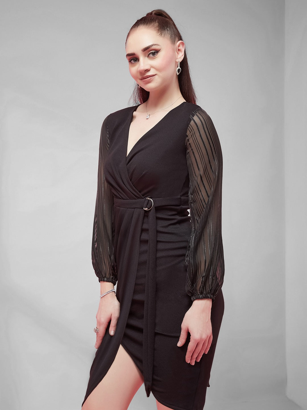 Black Solid V Neck Bishop Sleeves Front Pocketed Polyester Wrap Knee-Length Dress for Women
