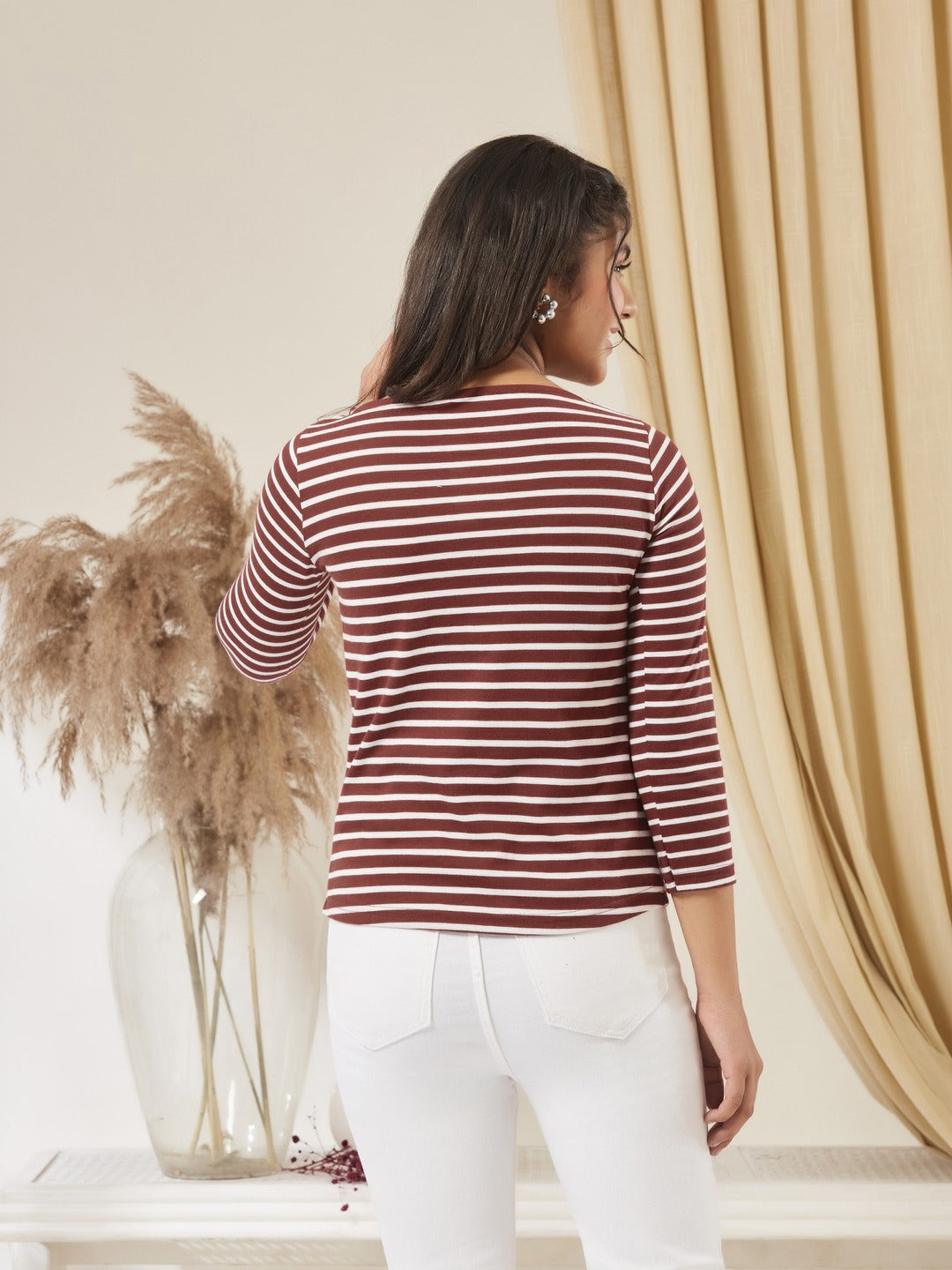 Maroon & White Boat Neck 3/4 Sleeve Cotton Striped Top for Girls/Teenagers
