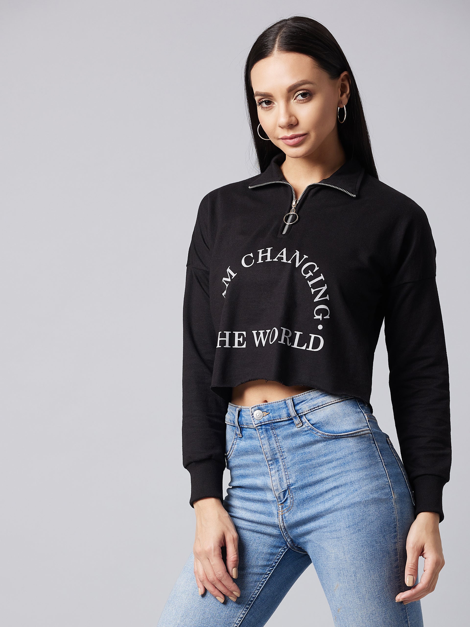 Women's Black Collared Full Sleeve Solid Boxy Crop Sweatshirt