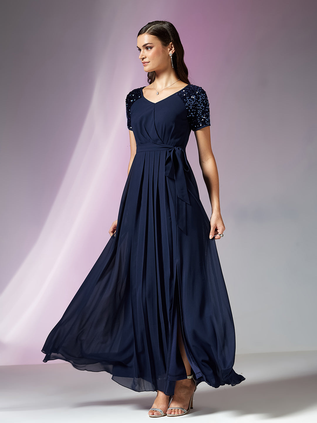 Navy Blue Relaxed Fit Maxi Georgette Dress for Women — Miss Chase