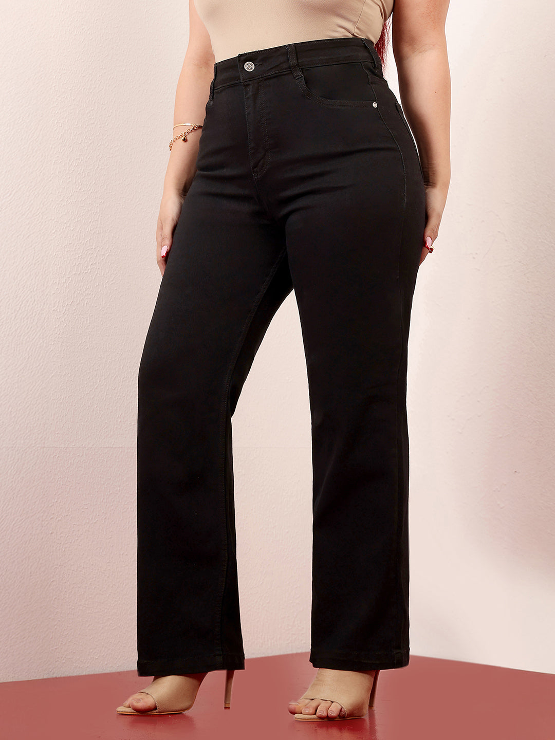 Women's Black Straight High-Rise Regular-Length Stretchable Denim Jeans